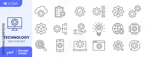 Technology Line Icon Set, Settings and Development Symbols Vector Illustration with Editable Stroke