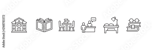 Library and Study Facilities Line Art Icon Set. School, Reading, Library and Learning Symbols
