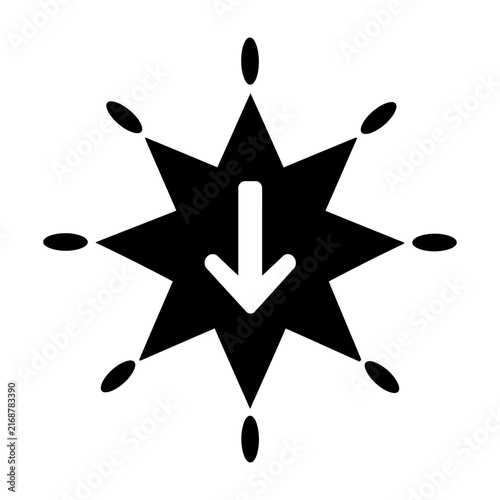 Black and white downward arrow icon centered within a starburst shape for emphasis on direction or download action.
