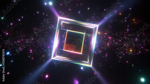 3D hologram cube rotating in mid-air, volumetric light beams background animation