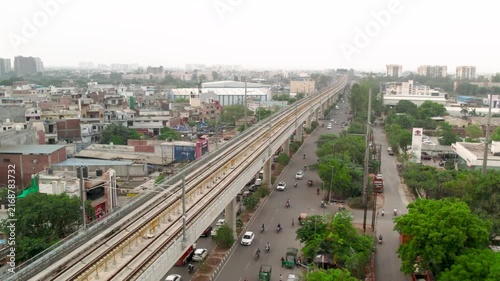 Aerial view of New Delhi metro expressway and urban traffic infrastructure in India