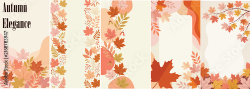 Set of stylish autumn templates with colorful fall leaves, modern seasonal backgrounds, and elegant frames perfect for social media stories and autumn designs