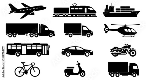 Collection of transportation silhouettes against a white background