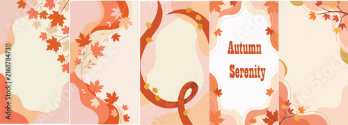 Elegant autumn serenity background templates featuring falling maple leaves and abstract organic shapes in warm pastel colors