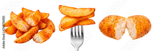 Set of potato wedges isolated on a transparent or white background. Delicious fast food restaurant snacks, hot organic baked root vegetables and pub side dishes.