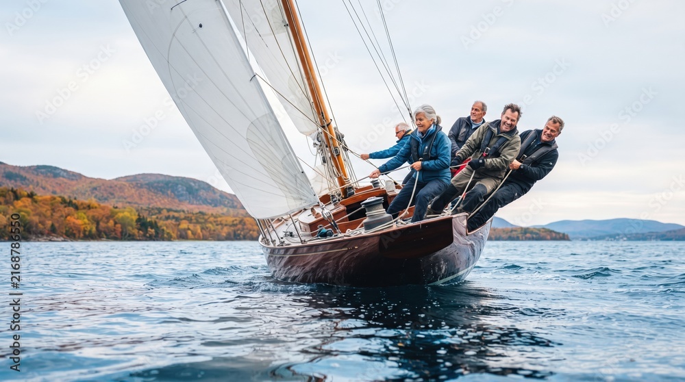 Obraz premium A group of five people is sailing on a wooden boat on a lake. The water reflects the colorful trees of autumn. The sky is cloudy and the hills are visible in the background.