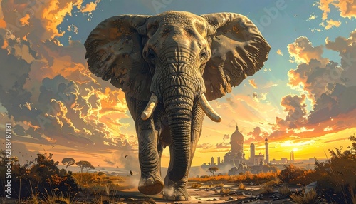 Majestic Elephant Stroll - A Digital Painting of Wildlife and Sunset.