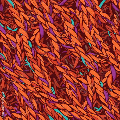 Abstract braided texture with vibrant orange and purple strands. Intricate pattern of interwoven strands in a repeating design. Design for fashion print, textile or graphic design.