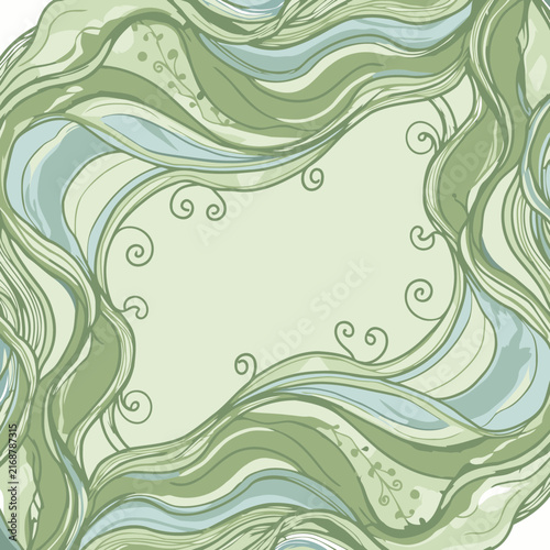 Abstract design with soft, flowing lines and colors in a muted palette of greens and light blues. Decorative frame with swirls and plant-like details in a neutral backdrop.