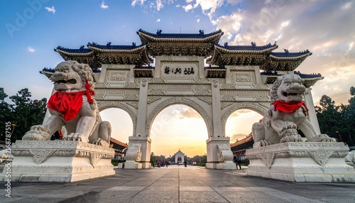 Majestic Gate with Guardian Lions in Taiwan at Sunset.