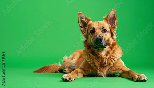 Majestic German Shepherd Mix Lying Down on Green Background.