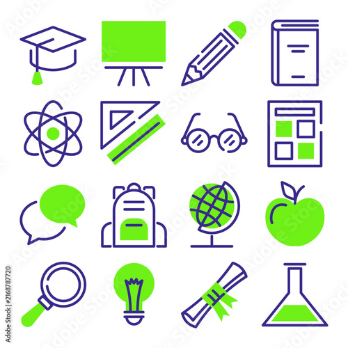 Education line icon set vector isolated. Collection of simple learning symbols. Idea of school and university graduation. Symbol of certificate, book and apple.