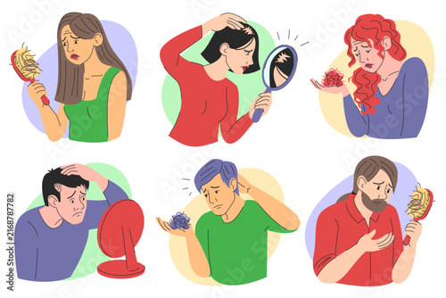 People suffering from hair loss set vector isolated. Collection of characters looking at hair falling from head. Woman looking in the mirror at the receding hairline. Sad man holding hair comb.