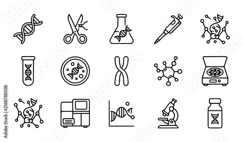 Foto DNA Editing and Genetic Engineering Line Icon Set with CRISPR Scissors, Microsco