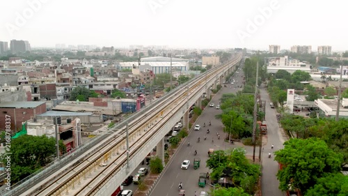 Aerial view of New Delhi metro expressway and urban cityscape in Delhi, India