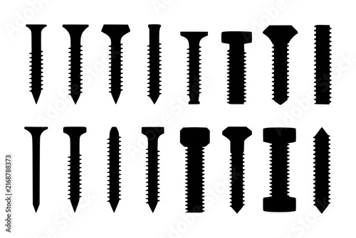 工業用に白背景に分離された、様々な金属ネジとボルトのシルエットのコレクション
