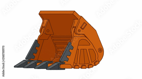 Orange construction excavator bucket with mechanical details.
