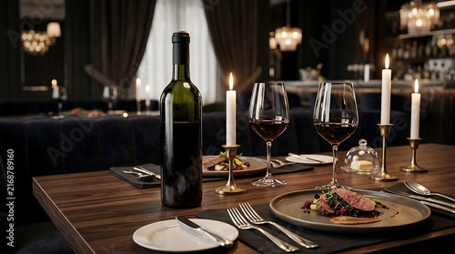 Luxurious restaurant table setup with red wine bottle and gourmet dishes for a special romantic dinner