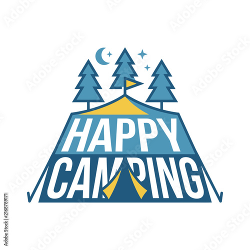 Happy Camping badge with tent and pine trees.