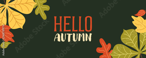 Hello autumn foliage banner flat vector background for seasonal marketing design