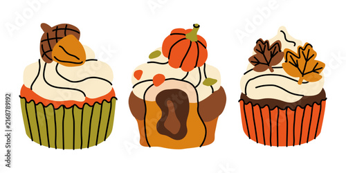 Autumn sweet cupcakes with seasonal decoration doodle vector set for festive pastry design