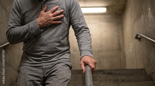 Mature man suffering from sudden heart attack while climbing stairs in concrete stairwell