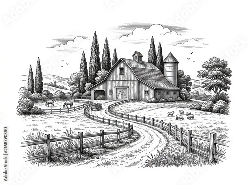 Rustic farmhouse with barn and winding fence path