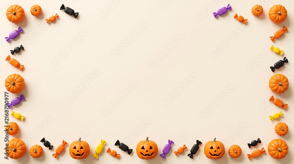 Fototapeta premium Halloween background with a border of small pumpkins and colorful candies on white surface