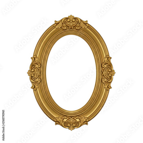Elegant gold ornate picture frame with decorative details isolated on white background