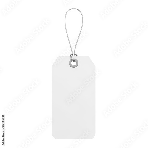 Empty white tag with metal keyring loop isolated on white background