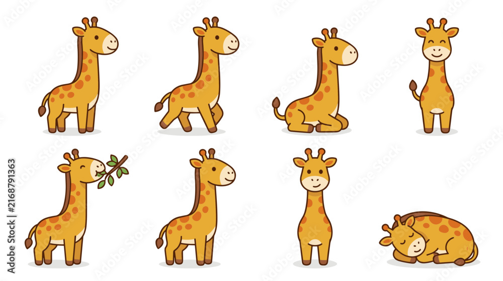 Obraz premium Cute giraffe character set vector with various poses like standing sitting walking sleeping and eating leaves isolated on white background