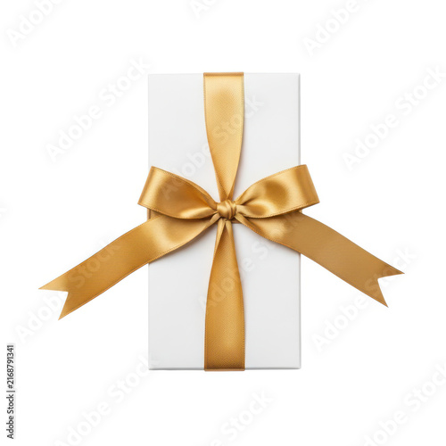 Golden bow tied on a gift box isolated on white background