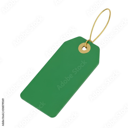 Green price tag with gold loop isolated on white background