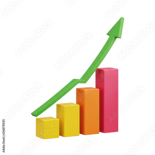 Growing bar chart with upward arrow isolated on white background