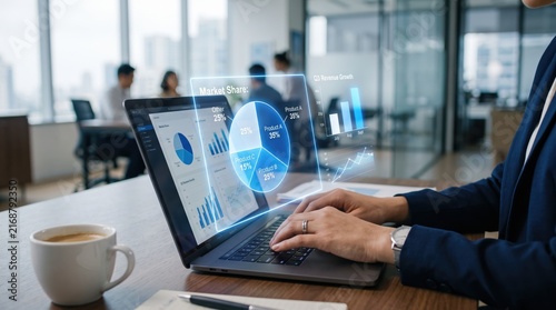 Businesswoman analyzing futuristic hologram data charts on laptop screen, market share pie graph and revenue growth bar chart visualization, digital technology, financial analysis