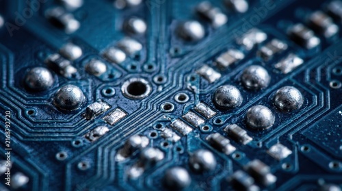 Macro shot of blue electronic circuit board featuring intricate copper pathways and silver solder joints, representing computer hardware, microchip technology, engineering