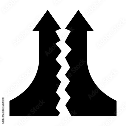 Two upward arrows split by a jagged crack symbolizing conflict, growth, or division in progress.