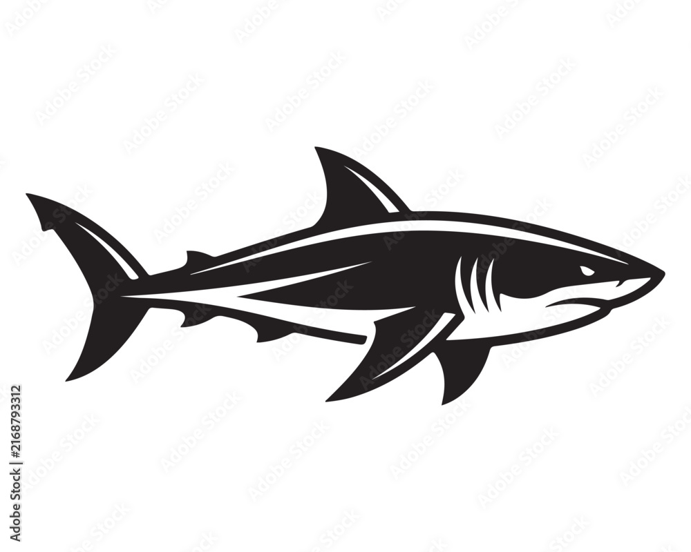 Obraz premium Shark icon shows a dynamic predatory fish in black line art.
