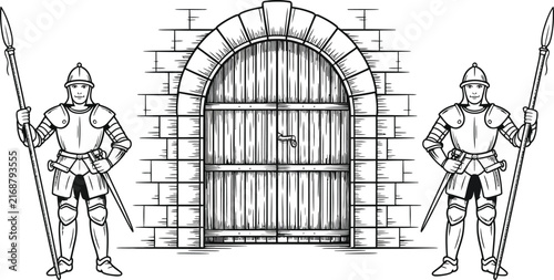 Hand-drawn medieval knight guarding stone gate vector illustration. Sketch of armored warrior with halberd and sword. Fortress door clip art for coloring pages, heraldry, and historical designs.