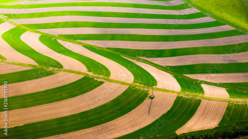 Aerial view of striped agricultural fields with alternating green crops and tilled brown soil creating a rhythmic pattern across the landscape in Brno, South Moravian Region, Czechia.