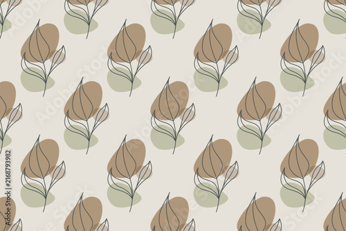 Abstract leaf line art seamless pattern background, boho botanical warm earth tone wallpaper