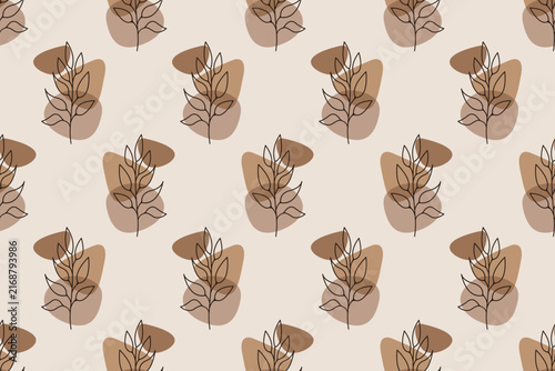 Abstract leaf line art seamless pattern background, boho botanical warm earth tone wallpaper