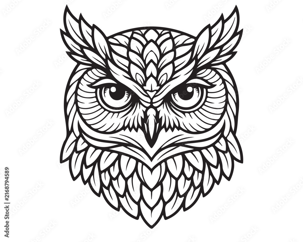 Fototapeta premium Owl head graphic features detailed black linework.