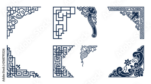 Set of traditional Chinese style decorative corner frames and border elements.