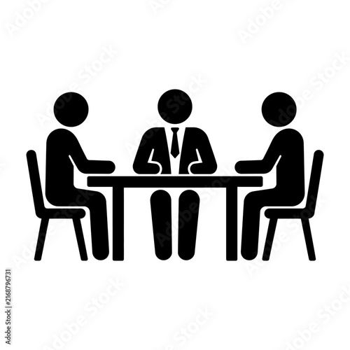 Three silhouetted figures engage in a formal meeting around a rectangular conference table with chairs.