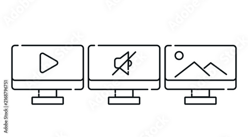 Digital entertainment and multimedia computer monitors vector icons set. Black line art style on white background. 
