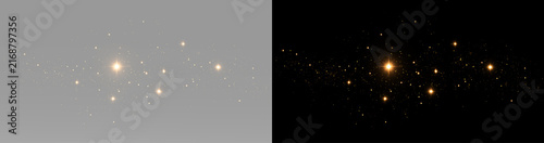 Gold sparkle trail made of small glowing particles, bright stars and magical glitter light isolated as an overlay