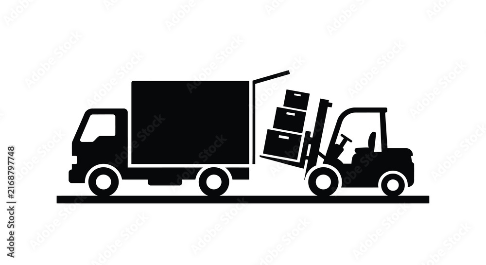 Fototapeta premium Forklift loading boxes onto a delivery truck black silhouette style