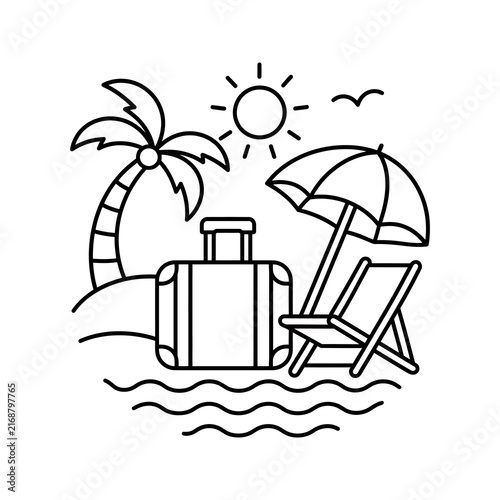 Summer vacation beach travel concept with suitcase palm tree and chair.
