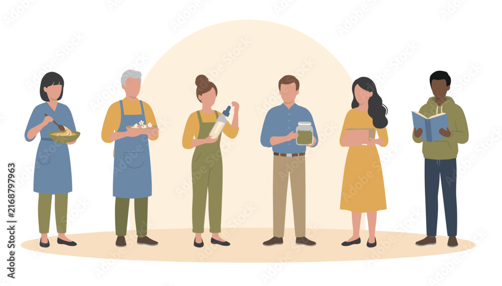Fototapeta premium Diverse group of people holding various sustainable food items and books in flat illustration style.